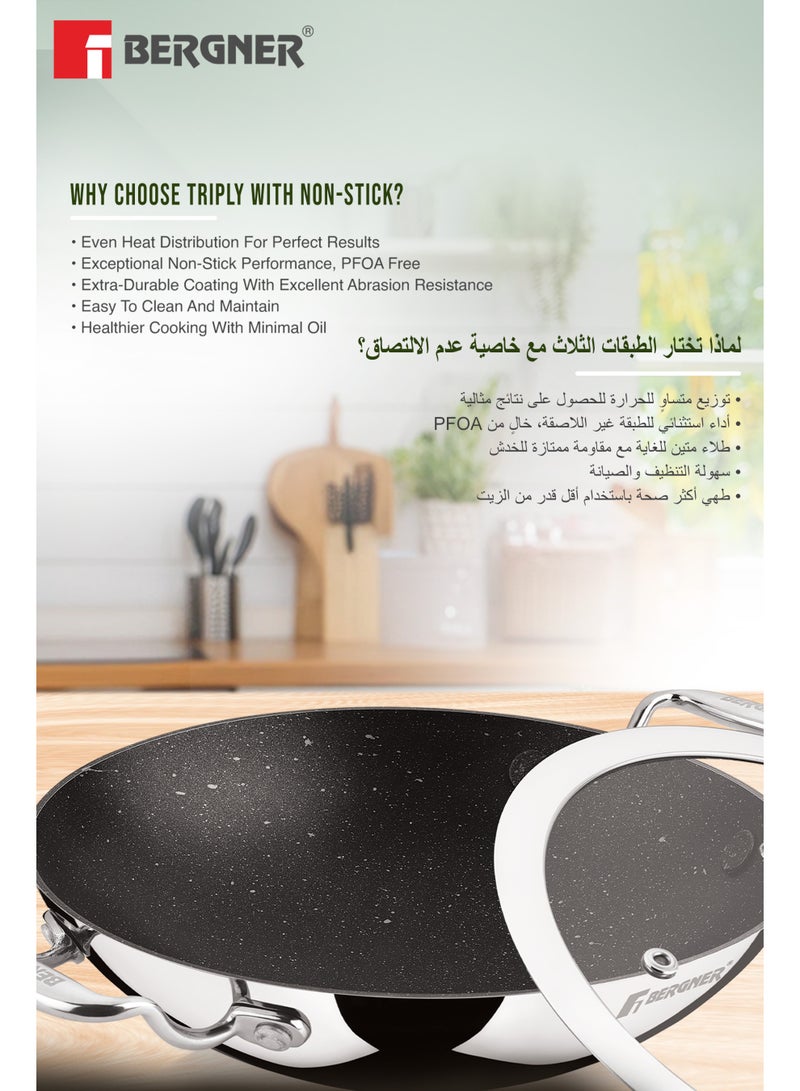 Bergner Argent Samsara 21cm Tri-Ply Stainless Steel Appam Pan with Glass Lid, Non-Stick Appachetty / Chetty Pan, Quantanium Coating, Less Oil Healthy Cooking, Even Heating, Gas & Induction Compatible - Image 3